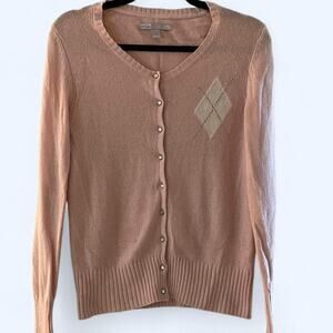 Old navy y2k pink cardigan with argyle pattern Sparkle Gold across pattern